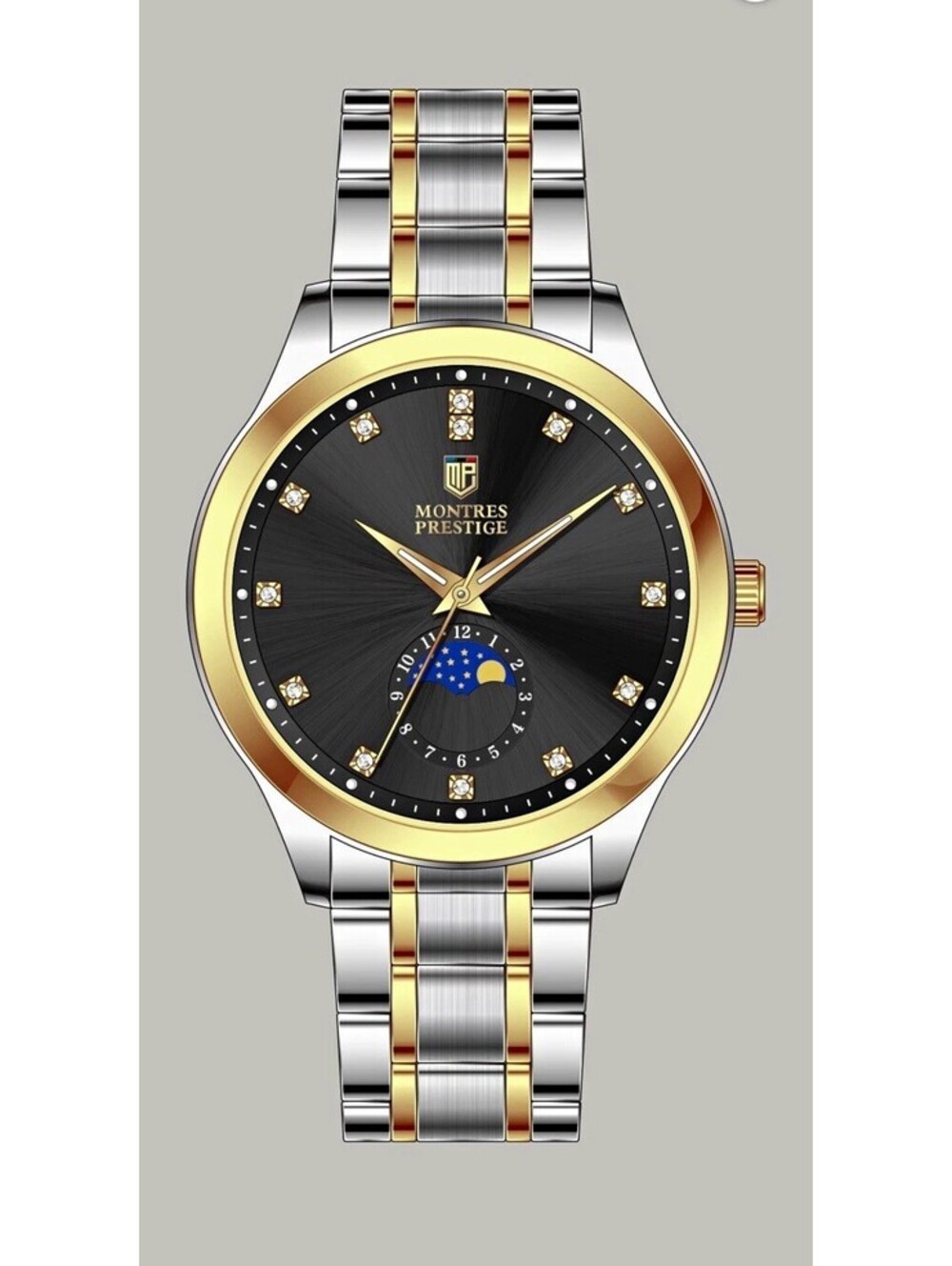 Montres Prestige Moon Phase Men’s 42mm Two-Tone SS Black Dial Quartz Watch